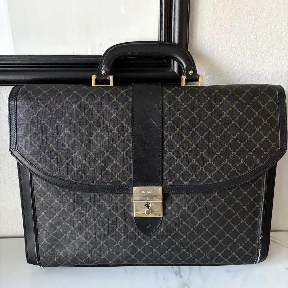 Vintage BALLY Monogram Canvas Leather Briefcase With Key